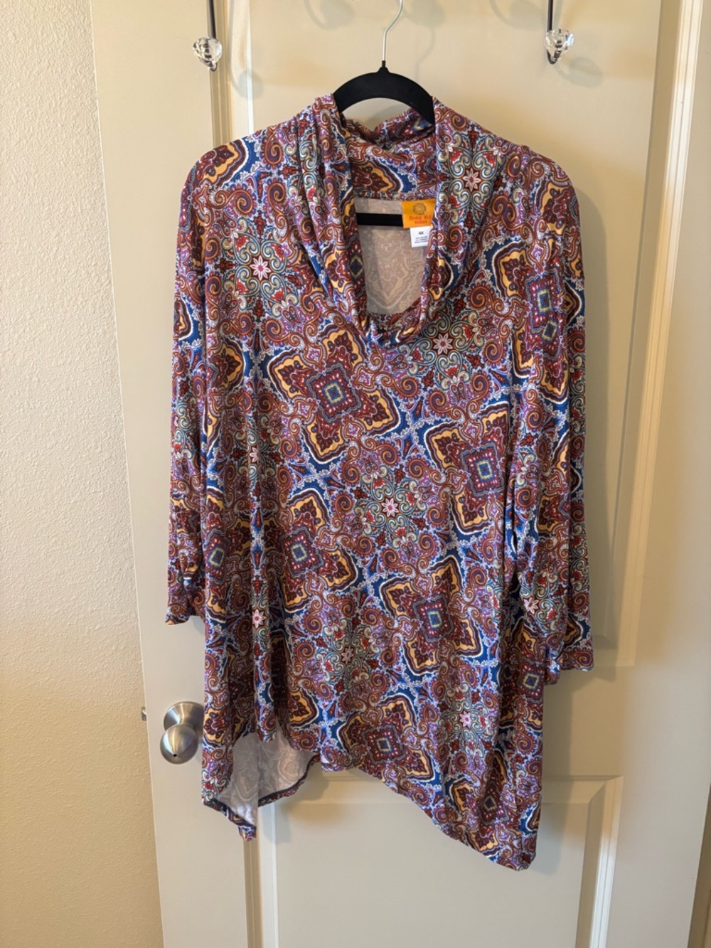 Paisley Print Cowl Neck Tunic in Rust, Blue & Cream 4X - Plus size, boho
